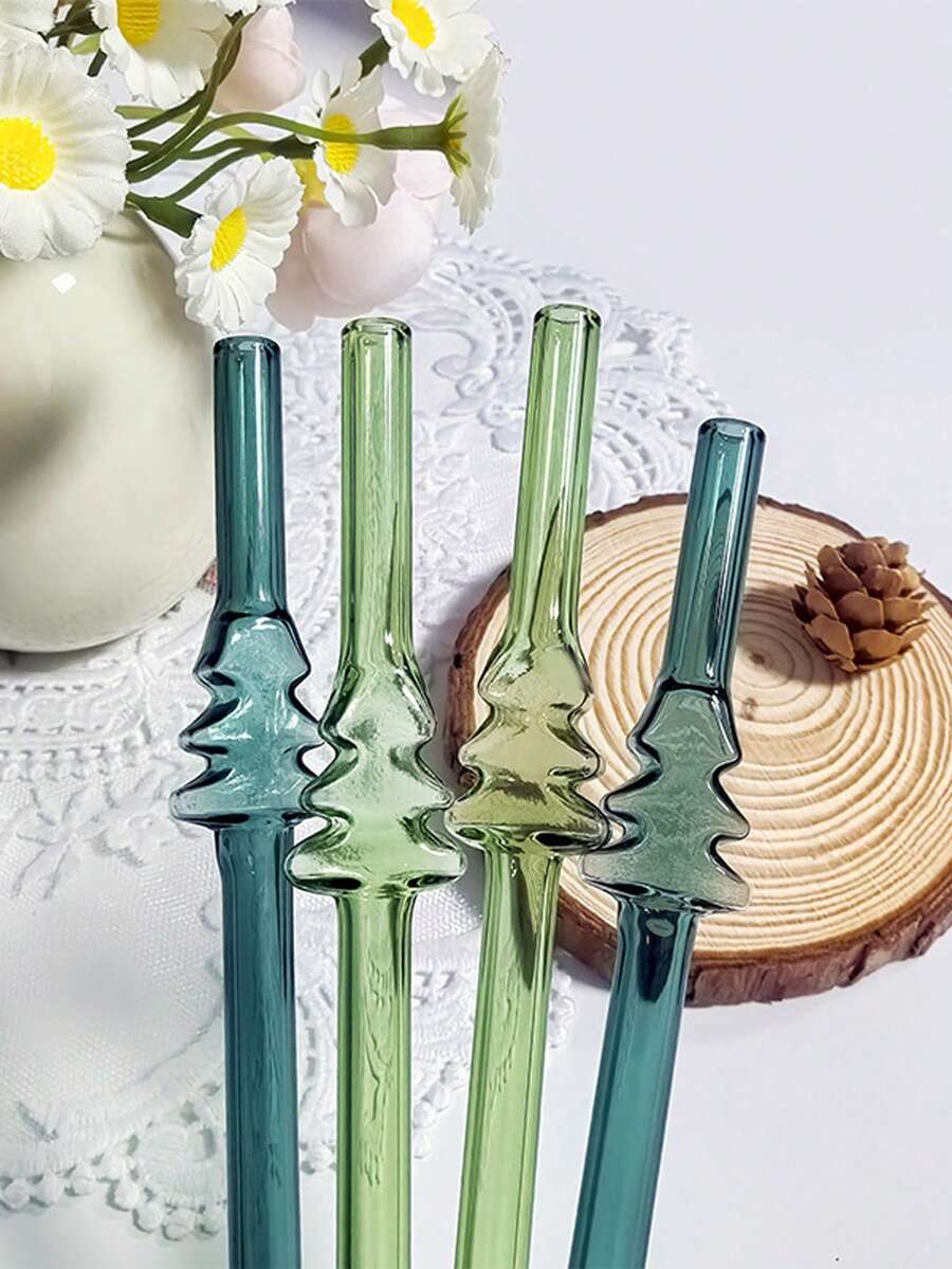 4件圣诞树玻璃吸管(含吸管清洁器),8毫米可重复使用玻璃吸管,直吸管,圣诞节可爱吸管,派对,家居用品,日常吸管,圣诞礼物 - 彩色 - 查看 1