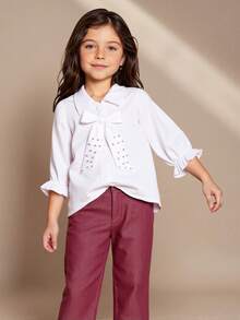 SHEIN Young Girl Elegant Fashionable Minimalist Collared, Puff Sleeve, Fitted, Solid Color, Detachable Pearl Bow Casual Blouse, Spring & Autumn - White - View 5