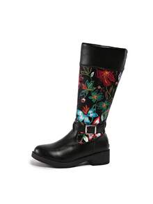 Stivali alti da donna con tacco basso, facili da indossare, stile slip-on con ricamo floreale