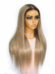 OQ Hair Wear And Go 6英寸x4英寸蕾丝闭合假发，渐变灰金色至棕色发根，直发真人发，180%密度，22-28英寸，预剪预拔毛，隐形蕾丝，透气蕾丝，无需胶水，外观自然，快速发货，适合作为礼物、节日、婚礼、万圣节、旅行必备、Y2K风格、度假等场合，女士适用。