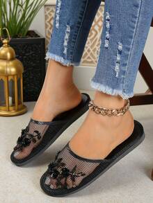 Women's Classic Retro Fashionable Elegant Round Toe 3D Floral Sequin Flat Sandals, Solid Color Handmade Beaded Lightweight Comfortable House Slippers - Black - View 3