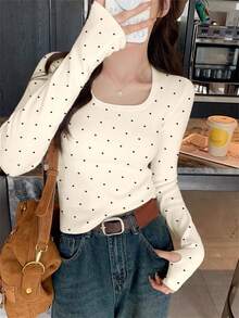 Cute Scoop Neck Polka Dot Sweater For Women, Apricot Color, Long Sleeve Pullover Top For Christmas & New Year, Autumn/Winter