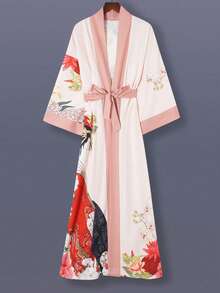 Women's Mid-Length Kimono Robe, With Belt, Open Front Collar And Half Sleeve Floral Print