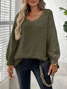 Plus Size Solid Color Crew Neck Casual Long Sleeve Knit Sweater Vacation - Army Green - View 6
