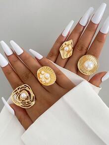 1pc Metal Material Faux Pearl Exaggerated Geometric Hollow Single Ring Ladies Daily Casual Wear