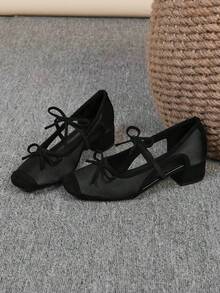 方头粗跟女鞋，百搭蝴蝶结一脚蹬平底鞋，时尚穆勒鞋，黑色镂空高跟鞋，女式高跟浅口鞋，尺码偏大 35-43 - 黑色中空(雙蝴蝶結) - 查看 2