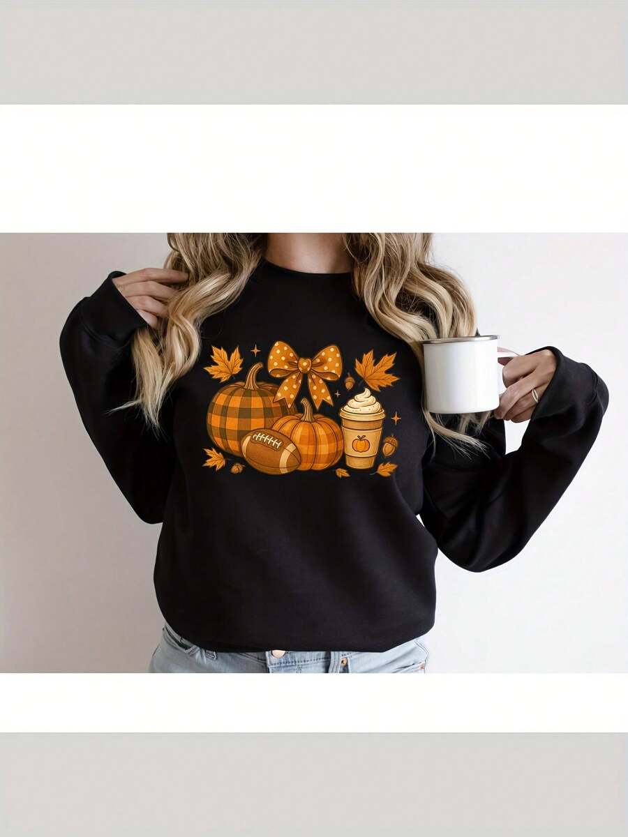 Sudadera con calabaza de fútbol de otoño, vibraciones retro de otoño - Negro - Ver 1