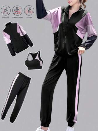 3 件套女士运动套装，拉链拼接连帽衫和哈伦裤，户外跑步健身健身房服装