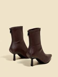 Fall/Winter 7cm High Heel Brown Ankle Boots, Comfortable & Fashionable Pointed Toe Elastic Slim Boots For Women, Elegant, Kitten Heels - Brown - View 5