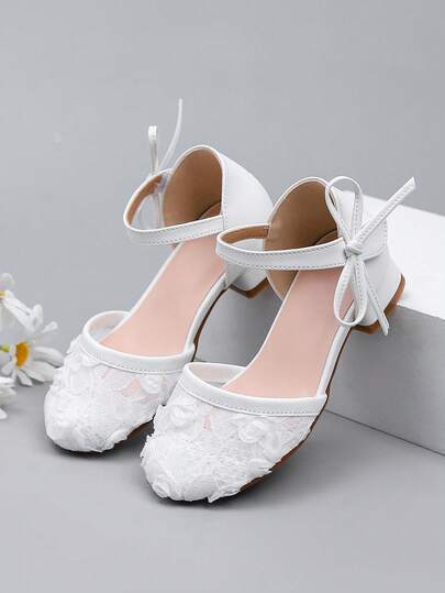 1 双女童时尚高跟蕾丝凉鞋，优雅舒适的大码女童日常穿着凉鞋，适合舞蹈表演、婚礼、派对、公主鞋