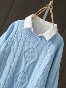 كنزة صوفية كاجوال فضفاضة مصنوعة من الصوف المنسوج بنمط كابل مجدول بياقة دائرية وأكمام طويلة منسدلة للمرأة البدينة - أزرق فاتح اللون - مشاهدة 3