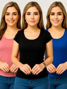 Kit Of 3 Women's Blouses With Short Sleeve Detail - Hồng / Đen / Xanh hoàng gia - Xem 1