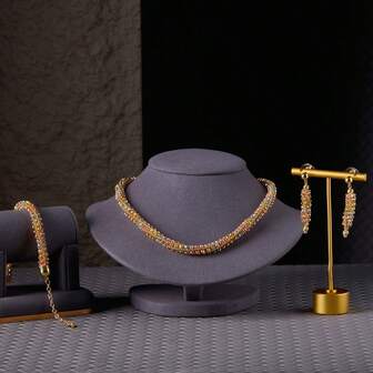 3pcs Set Copper Bead, Tri-Color Beaded Chain Necklace, Bracelet & Earrings, Versatile For Daily Wear And Parties