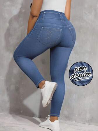 Jeggings ajustados de gran talla para mujeres con gran elasticidad, pantalones de chándal casuales y cómodos con estampado de tela vaquera