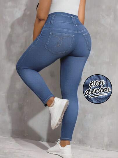 Plus Size Women High Stretch Skinny Jeggings, Denim Print Pattern Casual Comfortable Knit Sweatpants