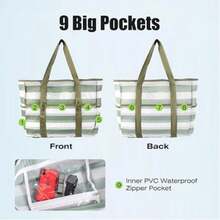 Yoga Bag, Mesh Beach Bag, Large Beach Tote With Top Zipper, 9 Pockets, Inner Waterproof Pocket For Family Pool Vacation Essentials - Wide Grayish-green Stripes - View 3
