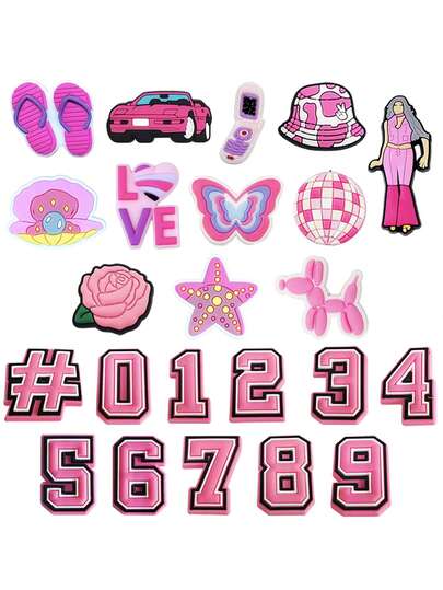 23 PEÇAS Série de Números Rosa, Feito de Material PVC, Conjunto de Decoração de Sapatos - Decorações de Sapatos Estilo Rosa, com Designs como Chinelos, Carros, Corações, Números, etc., Decorações de Sapatos Estilo de Rua Criativas, Acessórios DIY Perfeitos - Presentes Ideais de Natal e Aniversário