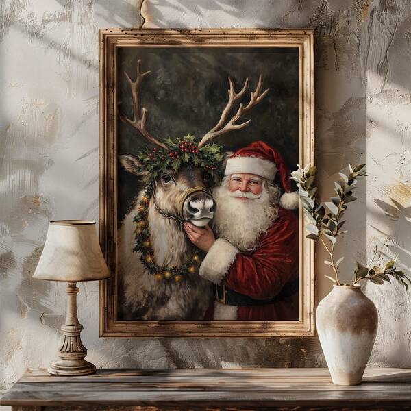 1pc, Canvas Waterproof Wall Art, Framed Christmas Wall Decor, Vintage Santa And Reindeer Wall Art, Rustic Farmhouse Christmas Art, Classic Reindeer Art, Christmas-Themed Poster, Minimalist Wall Decor, Modern Art, Contemporary Home Decor Christmas Decorations Winter Room Decor