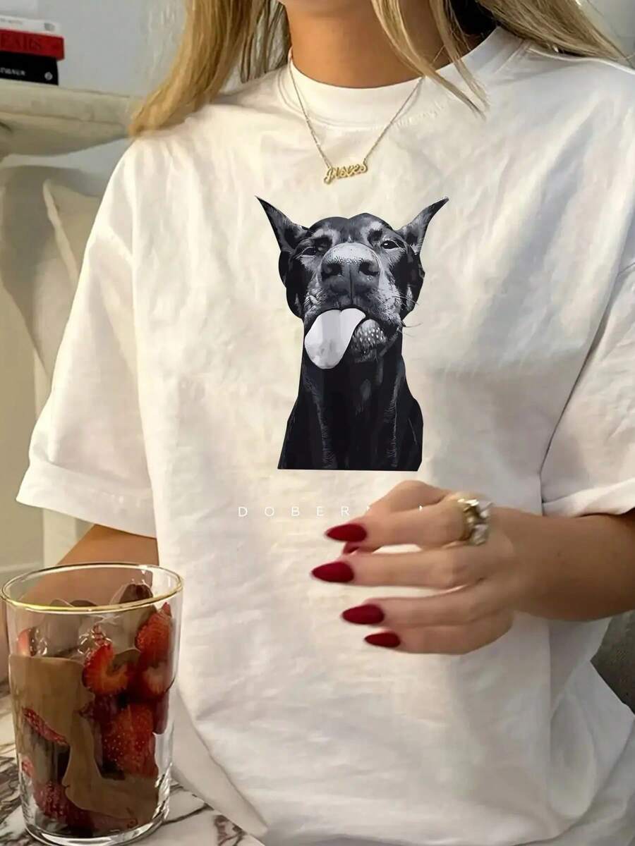 Trending Clothes Women's Casual Short Sleeve T-Shirt With Playful Doberman Pattern - White Round Neck Loose Fit, Medium Elasticity, Machine Washable, Suitable For Spring, Summer, And Autumn Fashion, Daily Wear, Animal Print Shirt, Soft Fabric Top - trắng - Xem 1