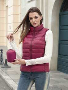 Chaleco corto de plumón ligero con cuello alto para mujer ZIAI, varios colores, casual para exteriores en otoño/invierno - Burdeos - Ver 11