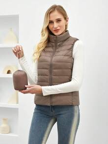 ZIAI 女士立领轻薄短款羽绒背心，多色休闲户外秋冬女式背心 - 卡其色 - 查看 3