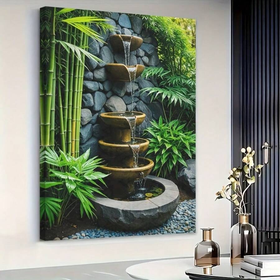 1pc, Modern Zen Garden Water Fountain Canvas Wall Art, Nature Landscape Print, Tranquil Bamboo Plants Home Decor For Living Room, Bathroom, Bedroom, & Office Wall Decoration - Nhiều màu - Xem 1