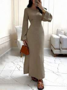 优雅圆领长袖连衣裙，系腰设计，返校季必备，春秋季单品 - 杏色 - 查看 4