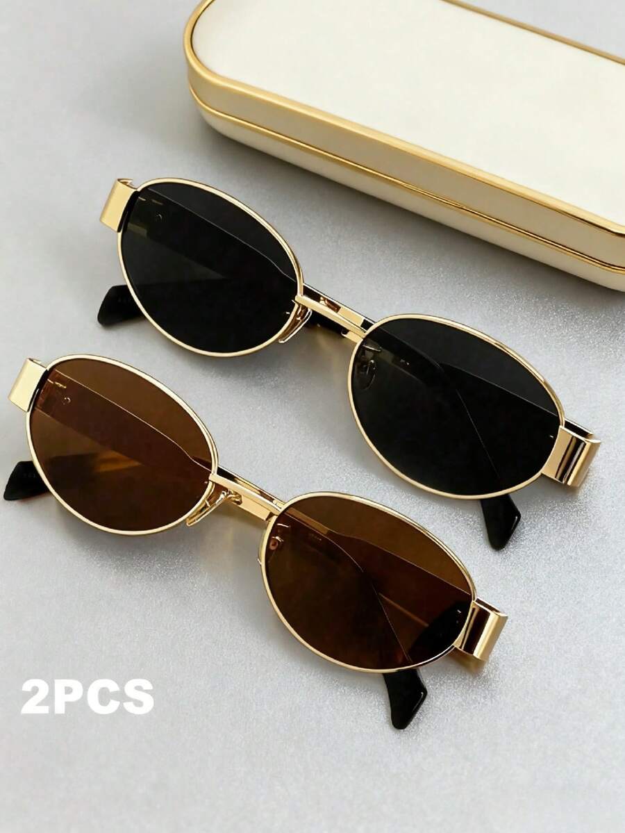 2pcs Copper Geometric Full Frame Decoration Classic Vintage Ins Style Never Outdated Women Fashion Glasses For Summer Back To School Driving Boating Daily Life Musical Festival Holiday Gift Suitable For All Face Shapes Appointment Outfits - 2 chiếc trà vàng xám vàng kết hợp - Xem 1