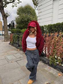 秋冬新款优雅高端时尚酒红色女士休闲仿皮草外套，长袖开襟连帽毛绒绒夹克，宽松短款时尚皮草上衣，适合秋冬季外出、新年夜、派对、约会、乡村、返校节、休闲、假日度假等场合穿着。 - 酒紅色 - 查看 6