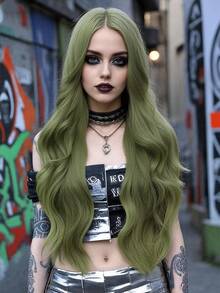 clouder 绿色超长卷发假发 30 英寸角色扮演假发万圣节圣诞节假发优雅柔软哑光头发松散卷发休闲外出街头朋克假发摇滚假发蓬松自然酷女孩合成耐热纤维假发适合女性日常派对假发音乐节假发前卫学院风格假发现代时尚哥特式假发 - 綠色 - 查看 2