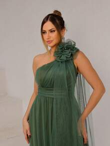 Long One-Shoulder Dress With Glittery Flower - Olive Green - View 4