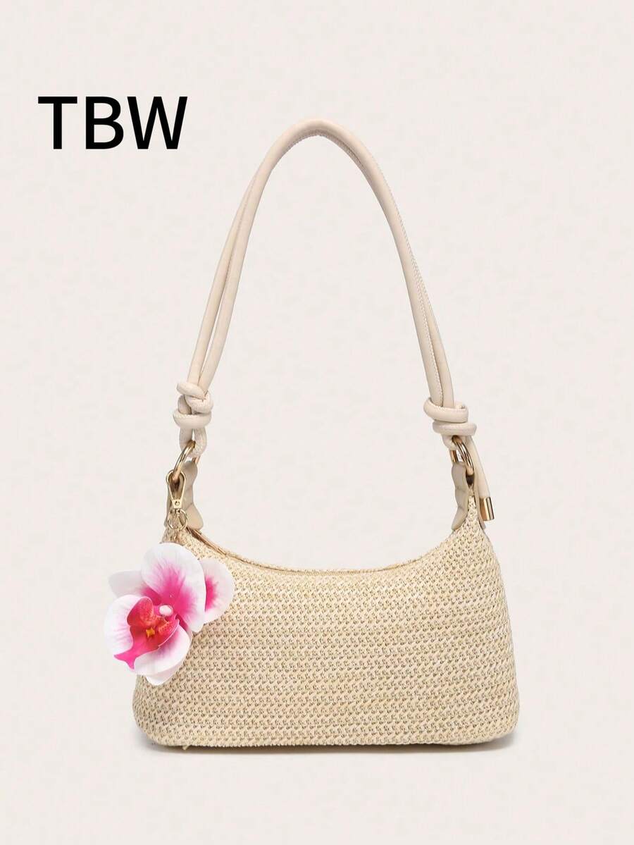 Bolso de hombro para mujer, bolso cuadrado, colgante de flor de cuerda de PU, gran capacidad, ligero, estilo casual y de moda para playa y vacaciones, adecuado para compras y vacaciones, bolso de playa - Albaricoque - Ver 1