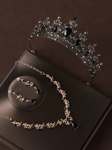 4pcs Black Bridal Crown, Necklace, Earrings Jewelry Set, Elegant Wedding Party Accessories