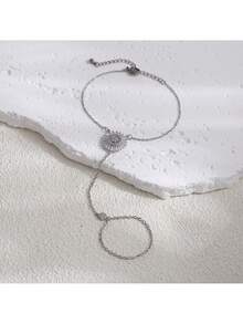 Brazalete de cadena para el dedo de estilo minimalista y moderno, brazalete de joyería para mujer con incrustaciones de circonita cúbica brillante (sin caja)