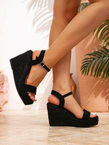 Giày sandal đế xuồng rơm màu đen mới dành cho nữ, kiểu dáng thời trang mùa xuân/hè, thích hợp cho kỳ nghỉ ngoài trời, quai dây thừng, gót cao dày, kiểu La Mã. - màu đen - Xem 6