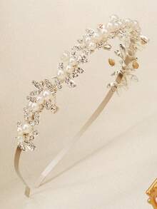 1件装水钻叶形锌合金新娘头箍，浪漫婚礼新娘伴娘皇冠发箍情人节配饰 - 銀色 - 查看 3