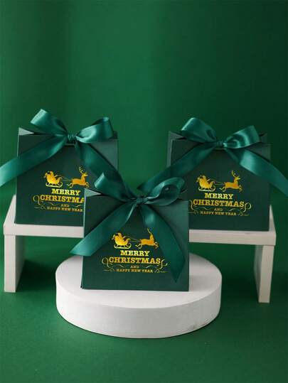 10/50pcs Merry Christmas & Happy New Year Mini Gift Bags, Festive Paper Party Favor Boxes With Green Ribbon, Holiday Chocolate Candy Packaging,