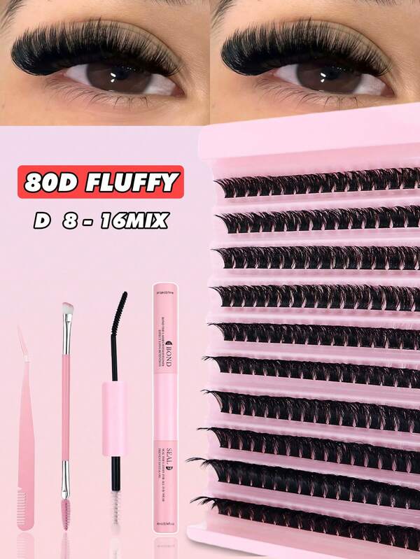 ICHICKISS Kit di ciglia finte a grappolo da 180 - 80D, Curvatura D, lunghezza mista da 8-16mm, include colla, pinzette e pennello, ciglia riutilizzabili soffici da 0,07mm per feste, regali, matrimoni e vacanze
