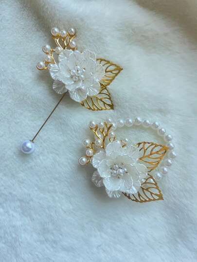 Bộ 2/1 hoa hồng vỏ sò kèm ghim cài và vòng hoa đeo tay bằng hợp kim kim loại, thích hợp cho chú rể, cô dâu, đám cưới, lễ đính hôn, sự kiện, tiệc tùng, tiệc chiêu đãi.