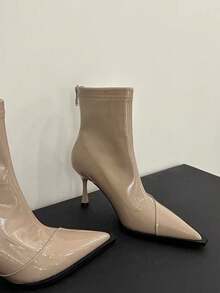 2025秋冬新款欧美尖头高跟踝靴，修身拼接踝靴，复古棕色踝靴，猫跟靴 - 米色 - 查看 5