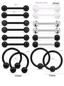 16入組不銹鋼乳頭穿孔彎棒,舌頭環,立方氧化鋯乳頭珠寶零售商,穿體珠寶 14標準規格