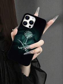 中东单件沙特阿拉伯绿色椰枣树与银色弯刀2D图案经典优雅男士领带，适合作为生日、节日礼物送给朋友、家人、情侣；黑色哑光软壳，兼容 17/16/15/14/13/12/11/Pro/Pro Max/X/XR/XS/XS Max/7/8/Plus - 黑色 - 查看 3