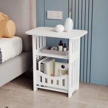 1pcs Modern White Mini Bedside Table, 2-Layer Bedroom Storage Cabinet, Living Room Side Table, PVC-Wood Composite Material, Space-Saving Design With Open Shelves & Hollow Details, Easy To Clean & Sleep-Friendly