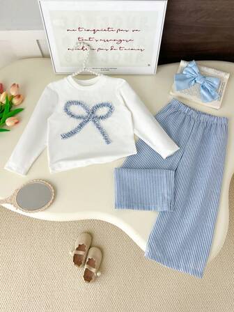 Humor Bear 2 件女童蝴蝶结长袖 T 恤和条纹裤套装，秋季