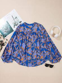 Acelitt Áo sơ mi nữ cỡ lớn in hoa phối màu tương phản, tay cánh dơi, dáng rộng, cài cúc, thích hợp cho kỳ nghỉ xuân/thu. - Màu xanh lam - Xem 6