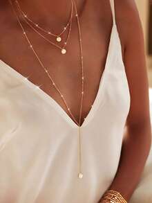 1 pezzo Collana lunga elegante e semplice con paillettes rotonde dorate a più strati, per donne. Catena lunga classica ed elegante in oro, adatta per le signore da indossare tutto l'anno e può essere regalata alle amiche.