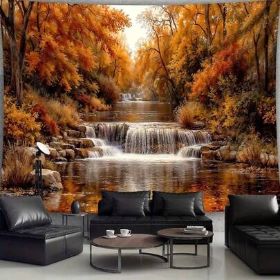 1pc Enchanting Autumn Landscape Forest Stream Rock Aesthetic Printed Tapestry, Polyester Fiber Printed Wall Hanging, Birthday Gift, Room Decor, Party Decor, Suitable For Living Room Bedroom Dorm, With Free Hanging Clips