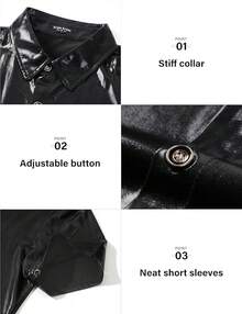 Mens Sequin Top 70s Outfit Disco Rave Party Collared T-Shirt Short Sleeve Breathable Metallic Shirthalloween - Hitam - View 11