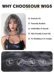 灰色短款波浪洛丽塔假发，带刘海，铂金色波波头，耐热合成假发，适合女性日常佩戴、派对、节日、假期、旅行、万圣节、圣诞节、新年、狂欢节、音乐节、角色扮演等场合。也是送给女孩、夏季毕业、假期、万圣节、圣诞节的绝佳礼物。 - 灰色 - 查看 8