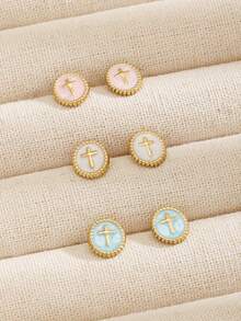 1 Pair Popular Multi-Color Stainless Steel Chain Cross Stud Earrings For Girls Kids Friends Party Glamorous Christian Ascension Day Jewelry Gift For Everyday Wear - Multicolor - View 1
